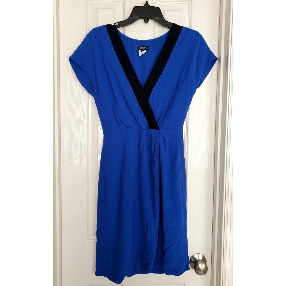 J.Crew Faux Wrap V Neck Midi Dress Royal Blue Black Trim Career Casual Size 0